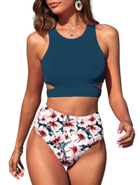 ZAFUL Women's Swimsuit High Waisted Bikini Sets Two Piece Swimsuit Scoop Neck Tank Side Cutout Midkini Stitching - 7DAY'S