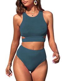 ZAFUL Women's Swimsuit High Waisted Bikini Sets Two Piece Swimsuit Scoop Neck Tank Side Cutout Midkini Stitching - 7DAY'S