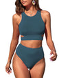 ZAFUL Women's Swimsuit High Waisted Bikini Sets Two Piece Swimsuit Scoop Neck Tank Side Cutout Midkini Stitching - 7DAY'S
