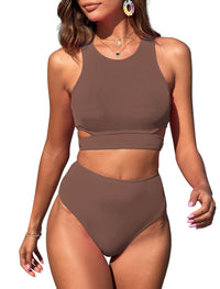 ZAFUL Women's Swimsuit High Waisted Bikini Sets Two Piece Swimsuit Scoop Neck Tank Side Cutout Midkini Stitching - 7DAY'S