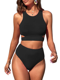 ZAFUL Women's Swimsuit High Waisted Bikini Sets Two Piece Swimsuit Scoop Neck Tank Side Cutout Midkini Stitching - 7DAY'S