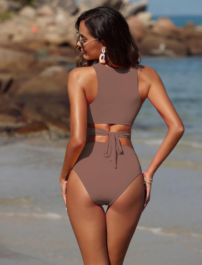ZAFUL Women's Swimsuit High Waisted Bikini Sets Two Piece Swimsuit Scoop Neck Tank Side Cutout Midkini Stitching - 7DAY'S