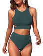 ZAFUL Women's Swimsuit High Waisted Bikini Sets Two Piece Swimsuit Scoop Neck Tank Side Cutout Midkini Stitching - 7DAY'S