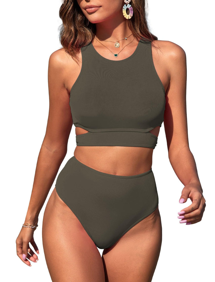 ZAFUL Women's Swimsuit High Waisted Bikini Sets Two Piece Swimsuit Scoop Neck Tank Side Cutout Midkini Stitching - 7DAY'S