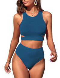 ZAFUL Women's Swimsuit High Waisted Bikini Sets Two Piece Swimsuit Scoop Neck Tank Side Cutout Midkini Stitching - 7DAY'S