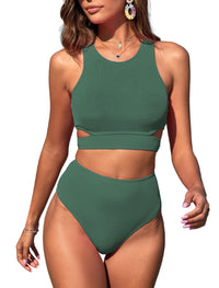 ZAFUL Women's Swimsuit High Waisted Bikini Sets Two Piece Swimsuit Scoop Neck Tank Side Cutout Midkini Stitching - 7DAY'S