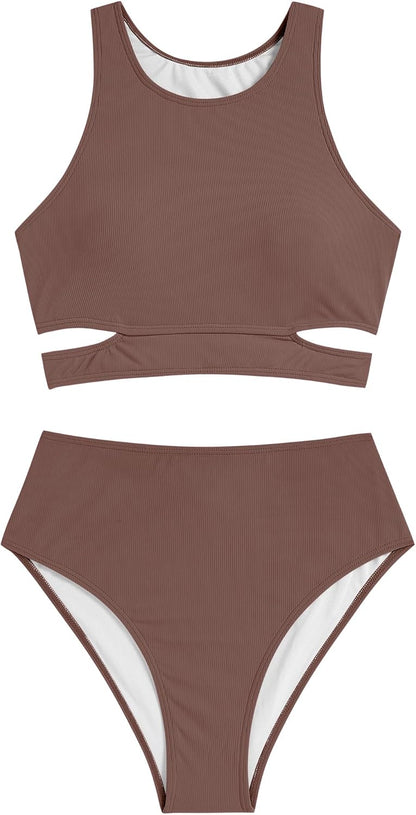 ZAFUL Women's Swimsuit High Waisted Bikini Sets Two Piece Swimsuit Scoop Neck Tank Side Cutout Midkini Stitching - 7DAY'S