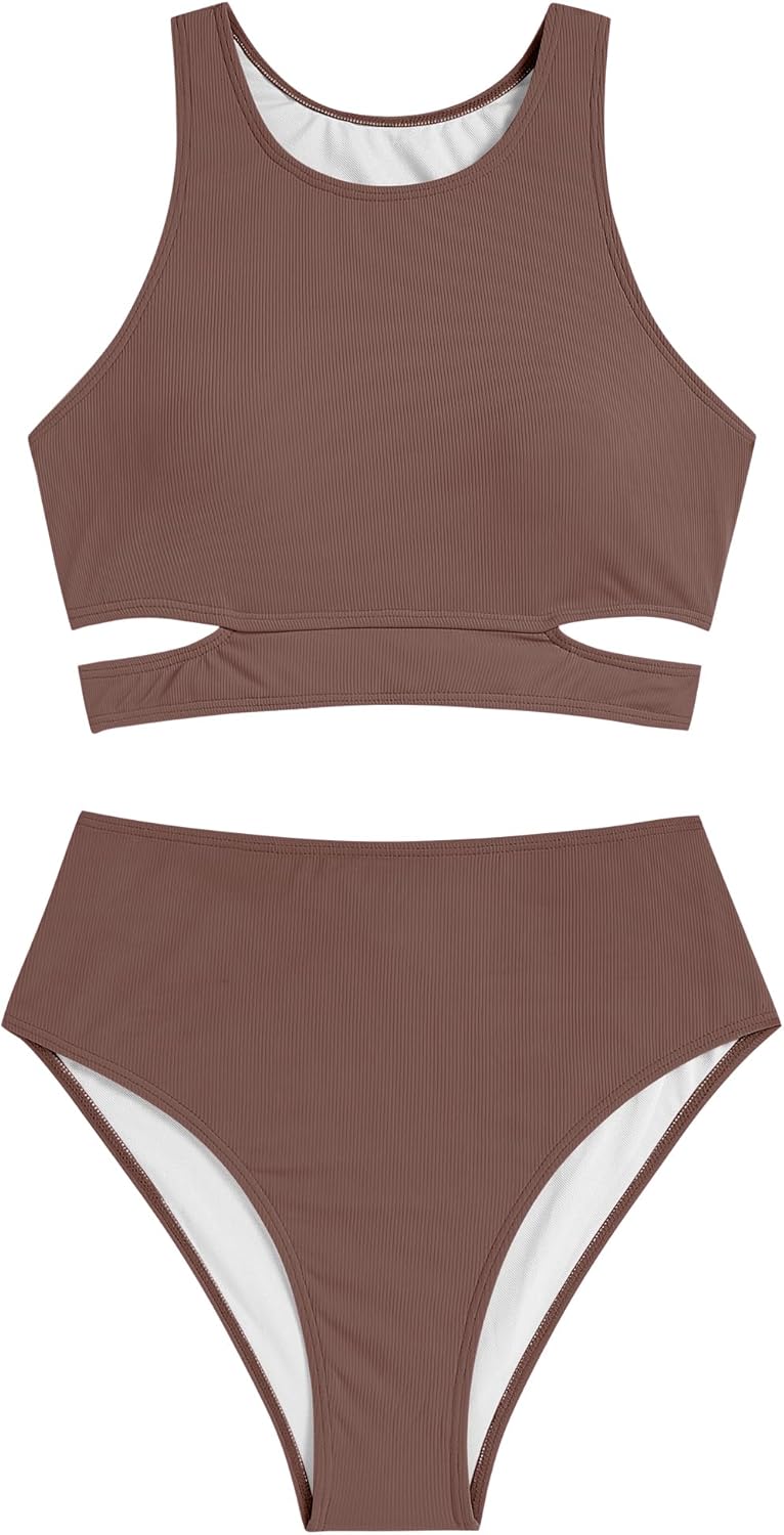 ZAFUL Women's Swimsuit High Waisted Bikini Sets Two Piece Swimsuit Scoop Neck Tank Side Cutout Midkini Stitching - 7DAY'S