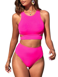 ZAFUL Women's Swimsuit High Waisted Bikini Sets Two Piece Swimsuit Scoop Neck Tank Side Cutout Midkini Stitching - 7DAY'S