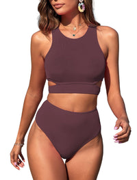 ZAFUL Women's Swimsuit High Waisted Bikini Sets Two Piece Swimsuit Scoop Neck Tank Side Cutout Midkini Stitching - 7DAY'S