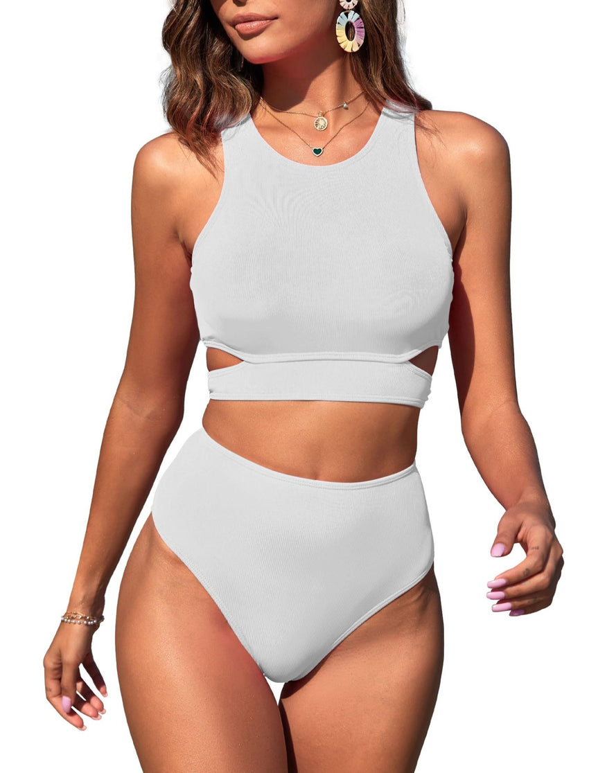 ZAFUL Women's Swimsuit High Waisted Bikini Sets Two Piece Swimsuit Scoop Neck Tank Side Cutout Midkini Stitching - 7DAY'S