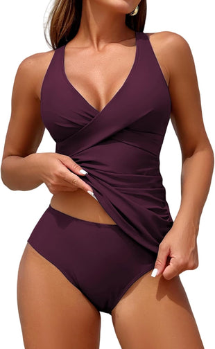 ZAFUL Womens Tankini Swimsuits Push Up Warp V Neck Swim Top Tummy Control Bottom Sexy Two Pieces Ruched Bathing Suit
