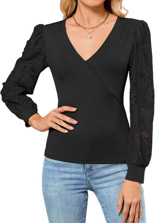 ZAFUL Womens Tops Cross Wrap Deep V Neck Long Sleeve Tops Fall Lace Sleeve Blouse Shirts 2025 Fashion Casual Top - 7DAY'S