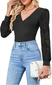 ZAFUL Womens Tops Cross Wrap Deep V Neck Long Sleeve Tops Fall Lace Sleeve Blouse Shirts 2025 Fashion Casual Top - 7DAY'S