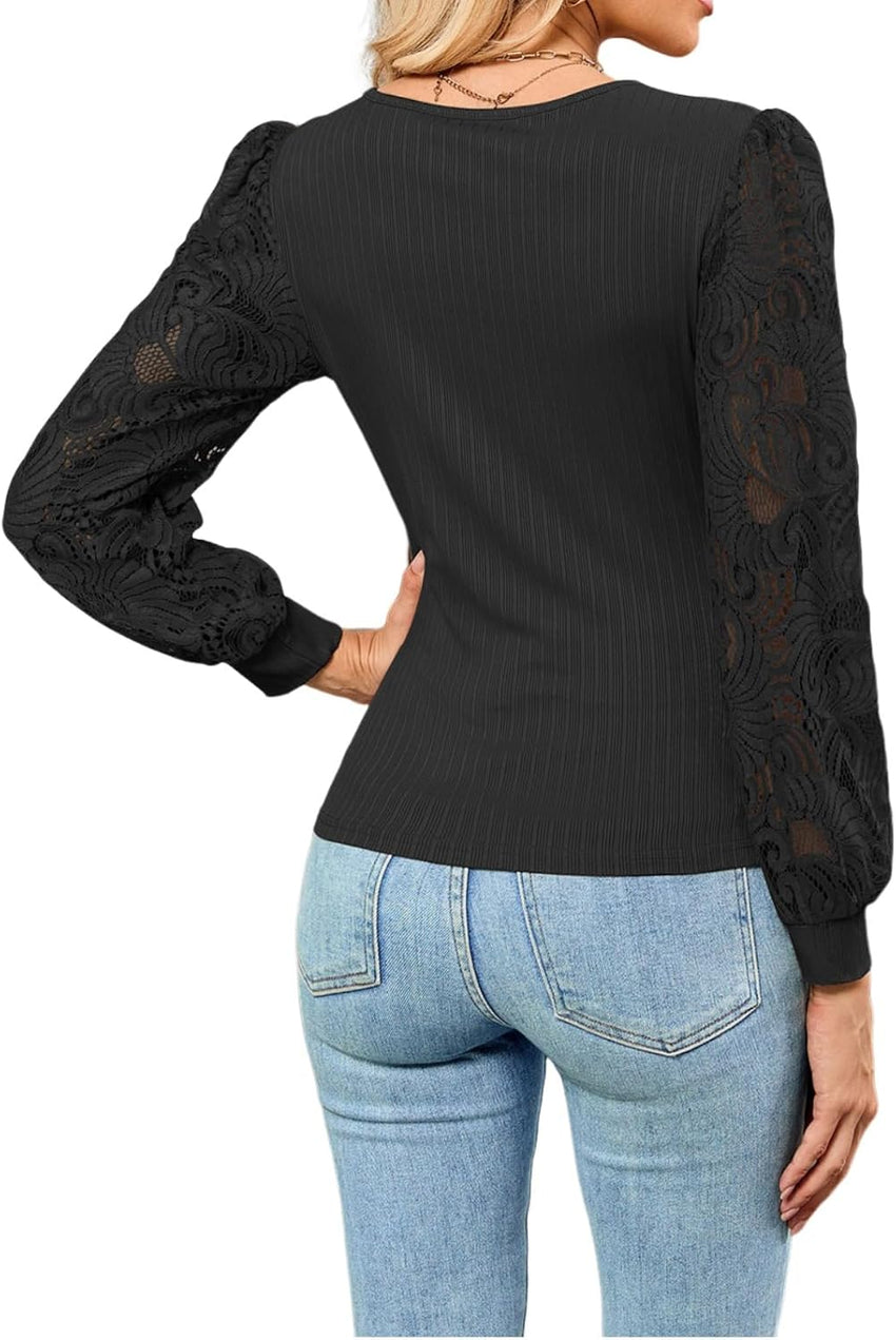 ZAFUL Womens Tops Cross Wrap Deep V Neck Long Sleeve Tops Fall Lace Sleeve Blouse Shirts 2025 Fashion Casual Top - 7DAY'S