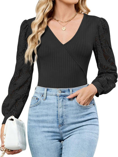 ZAFUL Womens Tops Cross Wrap Deep V Neck Long Sleeve Tops Fall Lace Sleeve Blouse Shirts 2025 Fashion Casual Top - 7DAY'S