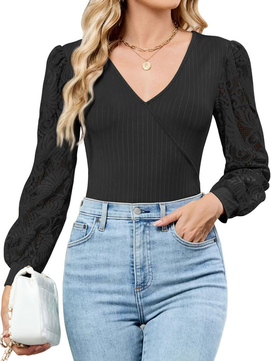 ZAFUL Womens Tops Cross Wrap Deep V Neck Long Sleeve Tops Fall Lace Sleeve Blouse Shirts 2025 Fashion Casual Top - 7DAY'S
