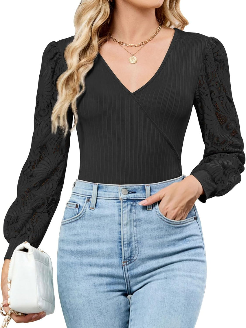 ZAFUL Womens Tops Cross Wrap Deep V Neck Long Sleeve Tops Fall Lace Sleeve Blouse Shirts 2025 Fashion Casual Top - 7DAY'S