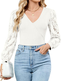 ZAFUL Womens Tops Cross Wrap Deep V Neck Long Sleeve Tops Fall Lace Sleeve Blouse Shirts 2025 Fashion Casual Top - 7DAY'S