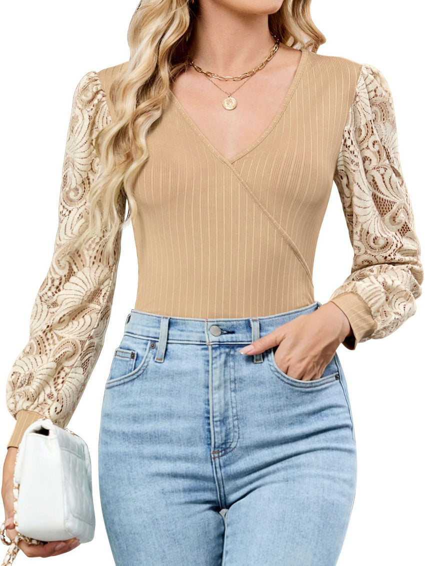 ZAFUL Womens Tops Cross Wrap Deep V Neck Long Sleeve Tops Fall Lace Sleeve Blouse Shirts 2025 Fashion Casual Top - 7DAY'S