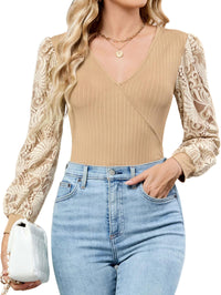 ZAFUL Womens Tops Cross Wrap Deep V Neck Long Sleeve Tops Fall Lace Sleeve Blouse Shirts 2025 Fashion Casual Top - 7DAY'S