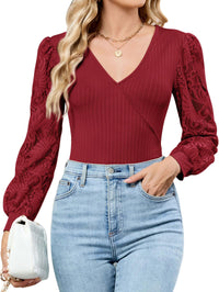 ZAFUL Womens Tops Cross Wrap Deep V Neck Long Sleeve Tops Fall Lace Sleeve Blouse Shirts 2025 Fashion Casual Top - 7DAY'S