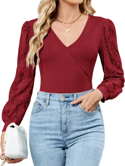 ZAFUL Womens Tops Cross Wrap Deep V Neck Long Sleeve Tops Fall Lace Sleeve Blouse Shirts 2025 Fashion Casual Top - 7DAY'S