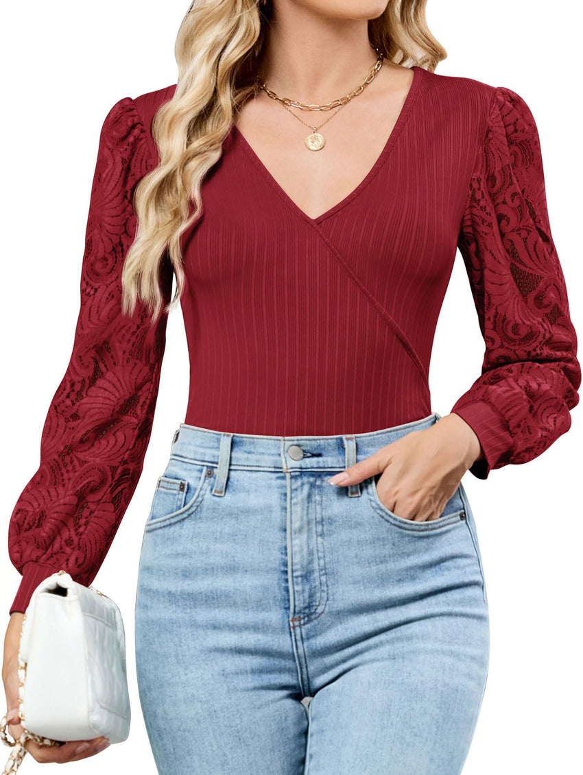 ZAFUL Womens Tops Cross Wrap Deep V Neck Long Sleeve Tops Fall Lace Sleeve Blouse Shirts 2025 Fashion Casual Top - 7DAY'S