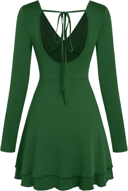 ZAFUL Women's V Neck Long Sleeve Corset Mini Dress Sexy Ruched Chest Backless Tie Ruffle Hem Outdoor Party Short Dresses - 7DAY'S