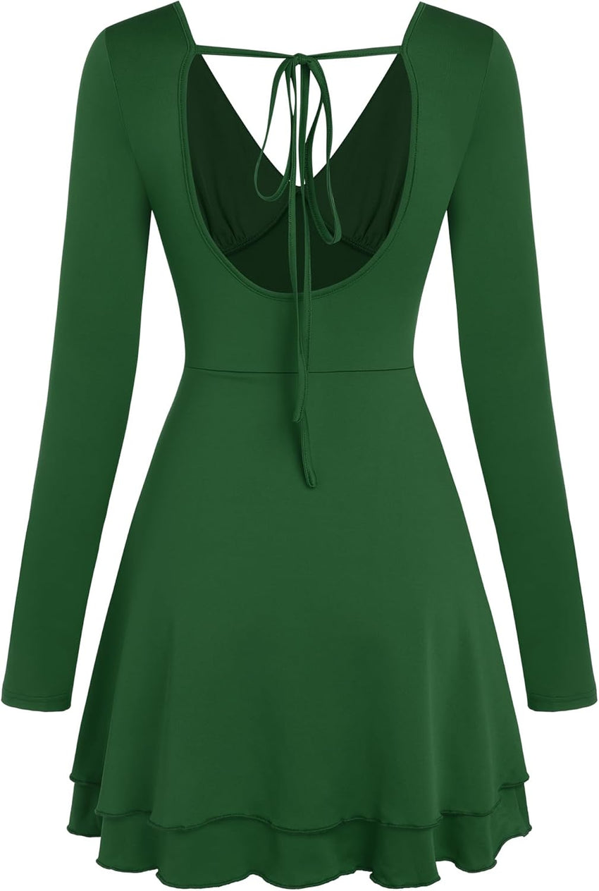ZAFUL Women's V Neck Long Sleeve Corset Mini Dress Sexy Ruched Chest Backless Tie Ruffle Hem Outdoor Party Short Dresses - 7DAY'S