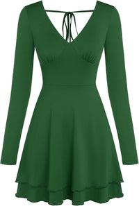 ZAFUL Women's V Neck Long Sleeve Corset Mini Dress Sexy Ruched Chest Backless Tie Ruffle Hem Outdoor Party Short Dresses - 7DAY'S