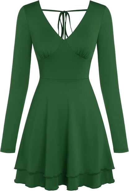 ZAFUL Women's V Neck Long Sleeve Corset Mini Dress Sexy Ruched Chest Backless Tie Ruffle Hem Outdoor Party Short Dresses - 7DAY'S