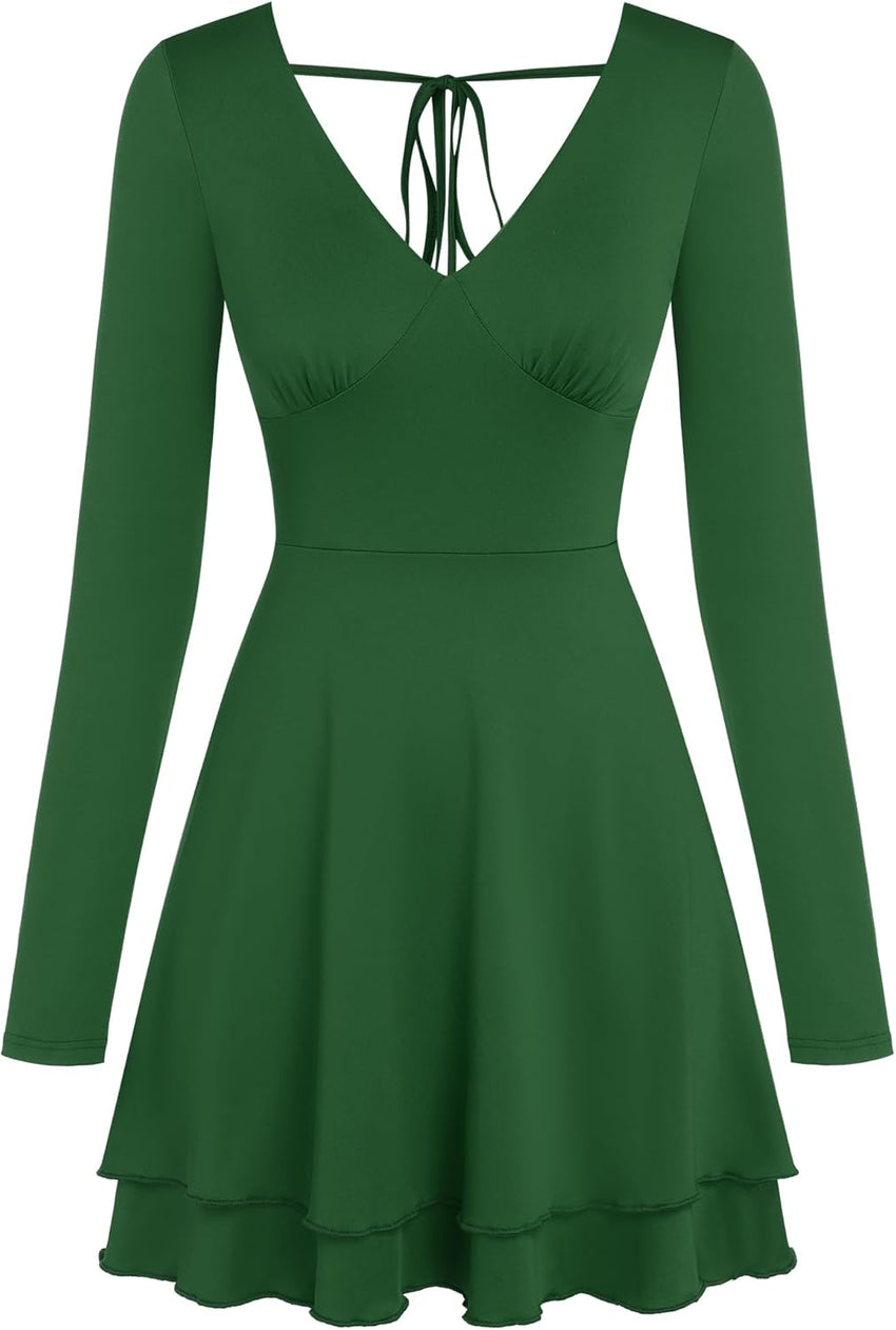 ZAFUL Women's V Neck Long Sleeve Corset Mini Dress Sexy Ruched Chest Backless Tie Ruffle Hem Outdoor Party Short Dresses - 7DAY'S