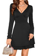 ZAFUL Women's V Neck Long Sleeve Corset Mini Dress Sexy Ruched Chest Backless Tie Ruffle Hem Outdoor Party Short Dresses - 7DAY'S