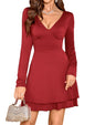 ZAFUL Women's V Neck Long Sleeve Corset Mini Dress Sexy Ruched Chest Backless Tie Ruffle Hem Outdoor Party Short Dresses - 7DAY'S