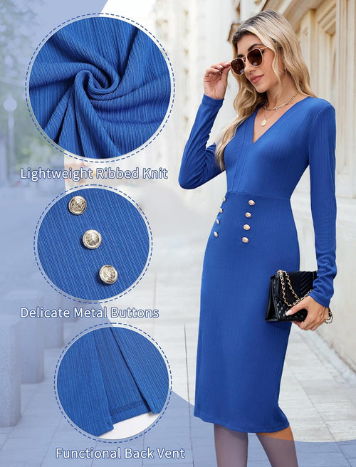 ZAFUL Women's Wear to Work Dresses Long Sleeve Strethcy Bodycon Work Dress V Neck High Waisted Office Formal Pencil Dresses(Royal Blue, L) - 7DAY'S