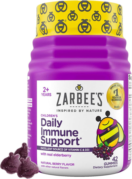 Zarbee’s Kids Elderberry Immune Support* Gummies, Daily Vitamins A C D3 E & Zinc, Real Elderberry Extract, Gelatin & Gluten Free, No Artificial Flavors, Natural Berry Flavor, Ages 2+, 42 Ct Bottle