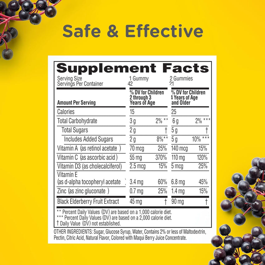 Zarbee’s Kids Elderberry Immune Support* Gummies, Daily Vitamins A C D3 E & Zinc, Real Elderberry Extract, Gelatin & Gluten Free, No Artificial Flavors, Natural Berry Flavor, Ages 2+, 42 Ct Bottle - 7DAY'S