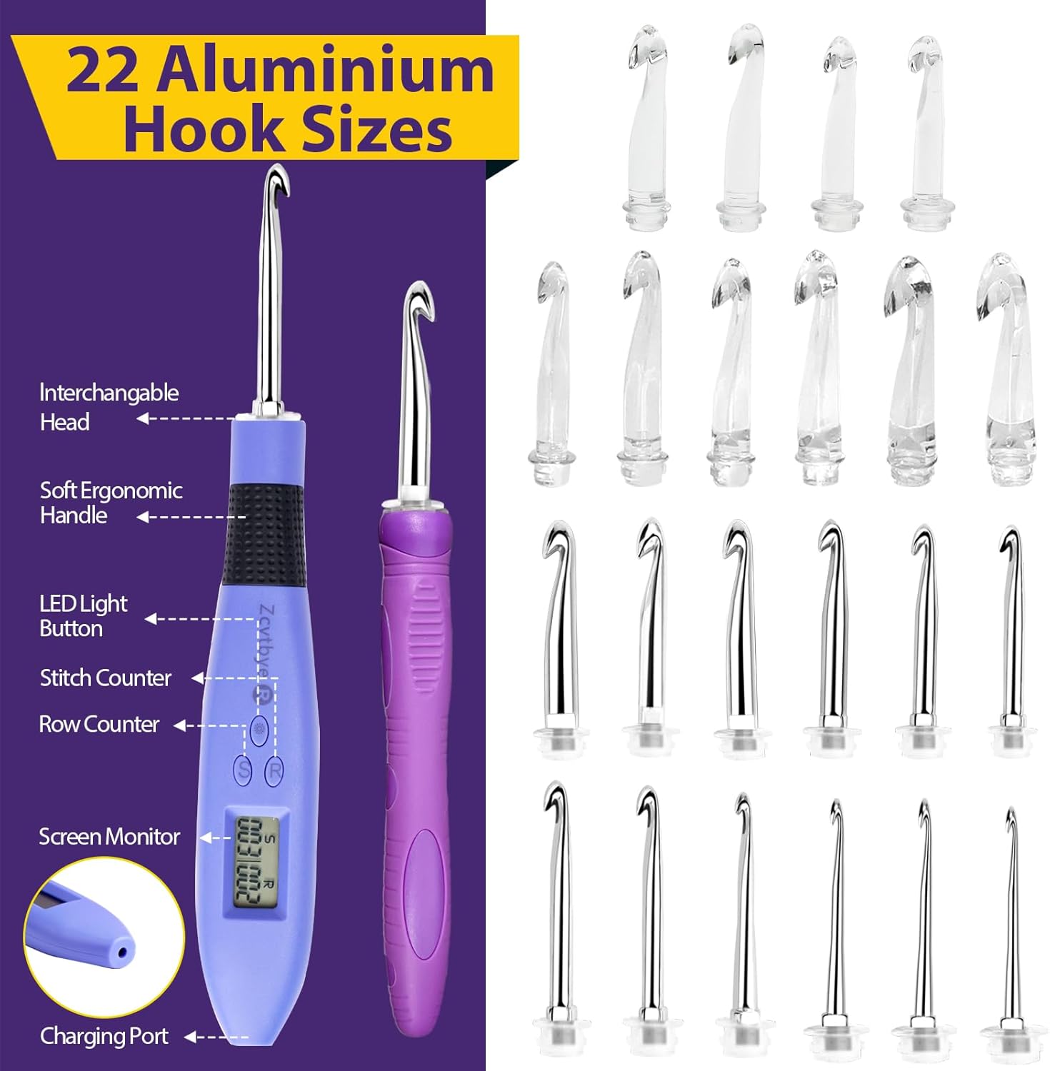 Zcvtbye 22 Size Lighted Crochet Hook Set, Counting Crochet Hook Set Digital for Stitch and Row Counter, Light up Crochet Hook Set with Case, Ergonomic Crochet Hooks with 2 Levels Led (Blue, 22 Size) - 7DAY'S