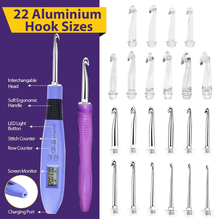 Zcvtbye 22 Size Lighted Crochet Hook Set, Counting Crochet Hook Set Digital for Stitch and Row Counter, Light up Crochet Hook Set with Case, Ergonomic Crochet Hooks with 2 Levels Led (Blue, 22 Size) - 7DAY'S