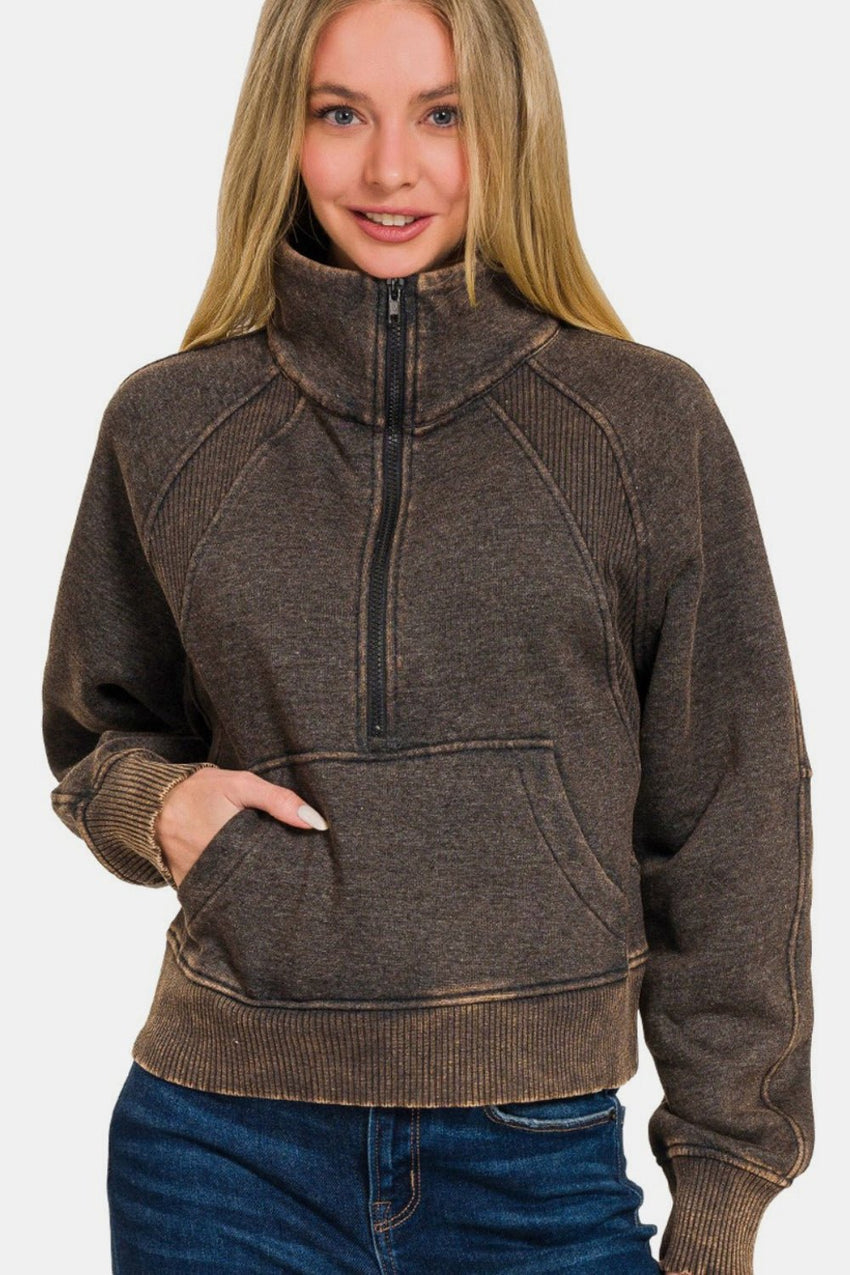 Zenana Acid Washed Half Zip Fleece Sweatshirt - 7DAY'S