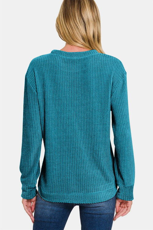 Zenana Chenille Waffle Round Neck Sweater - 7DAY'S