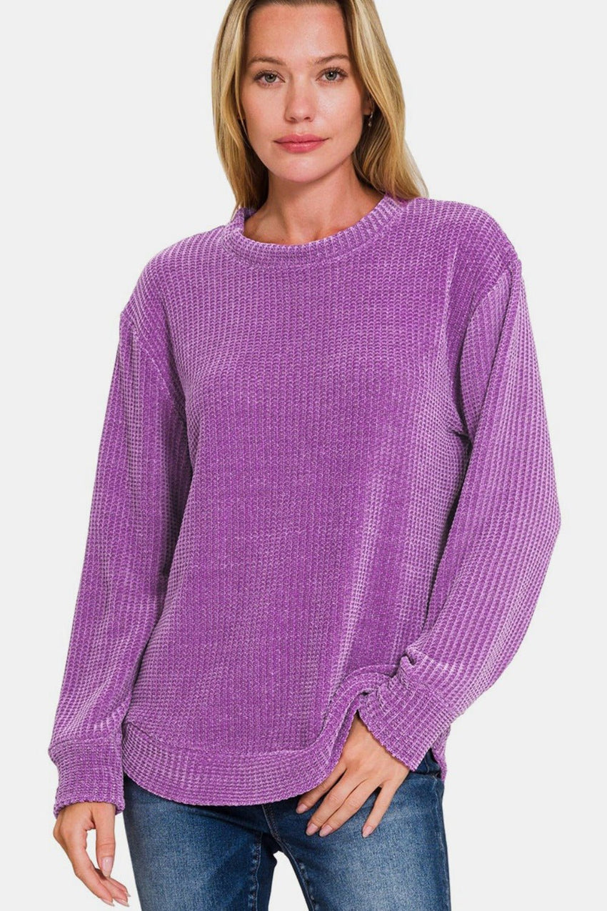 Zenana Chenille Waffle Round Neck Sweater - 7DAY'S