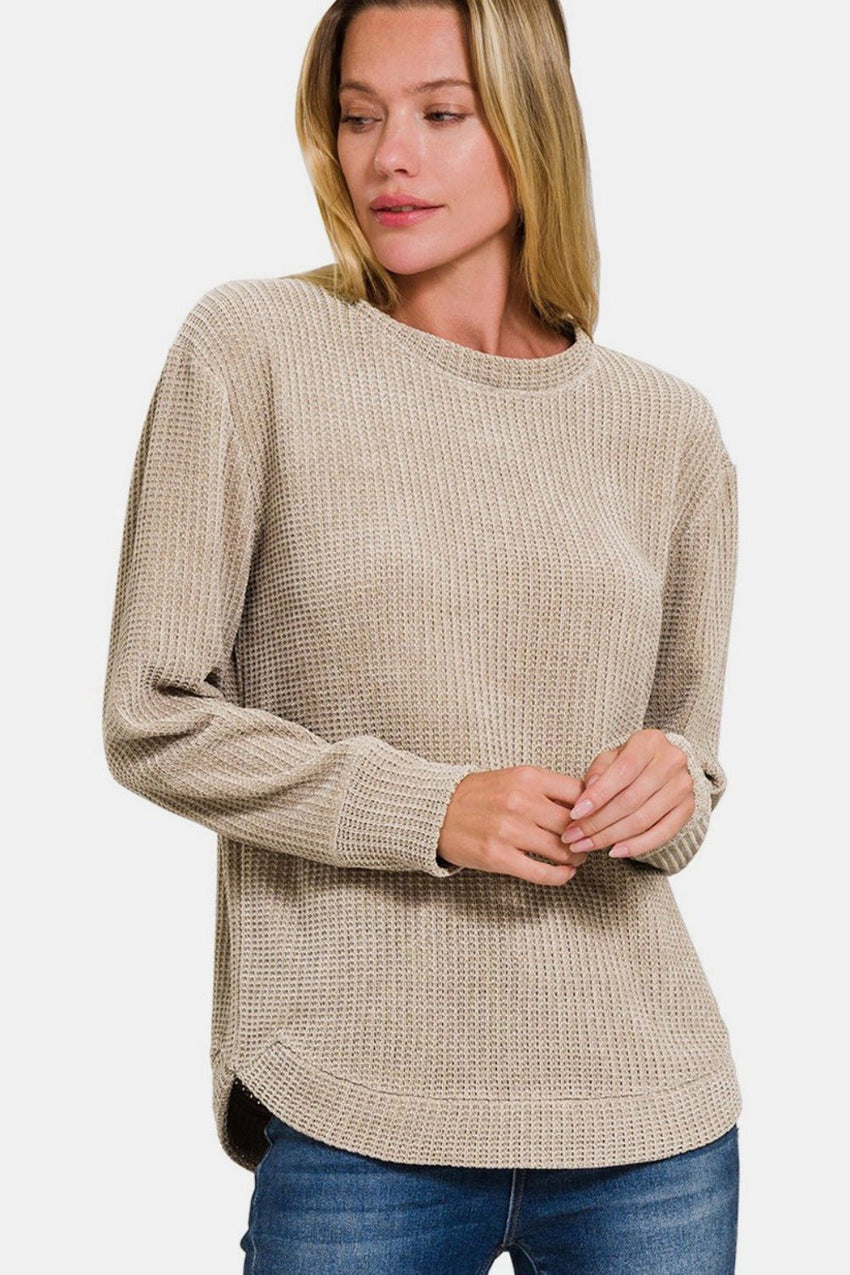 Zenana Chenille Waffle Round Neck Sweater - 7DAY'S