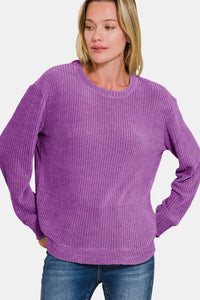 Zenana Chenille Waffle Round Neck Sweater - 7DAY'S