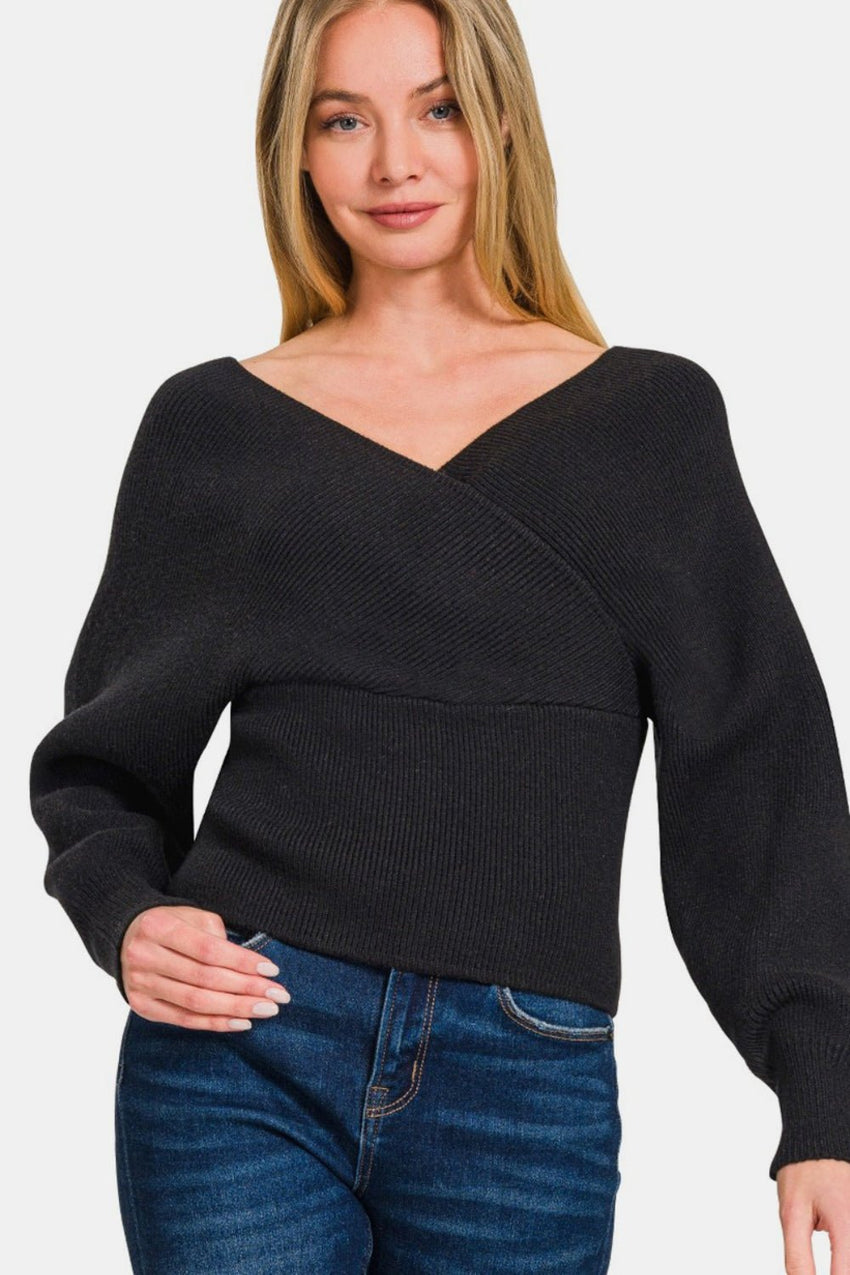 Zenana Cross Wrap Rib Long Sleeve Sweater - 7DAY'S