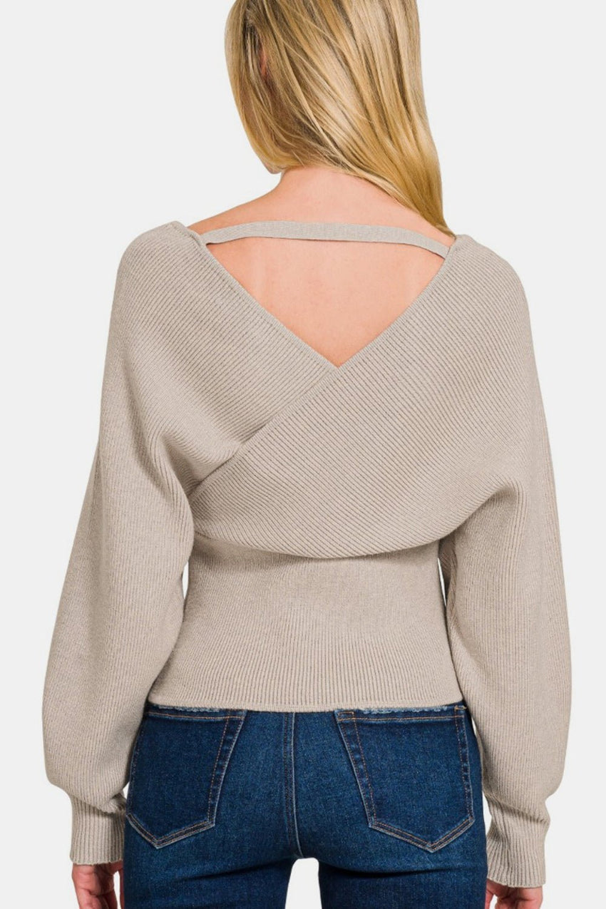 Zenana Cross Wrap Rib Long Sleeve Sweater - 7DAY'S