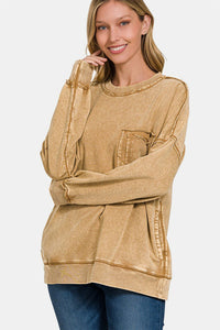 Zenana Exposed Seam Round Neck Dropped Shoulder Sweatshirt - 7DAY'S