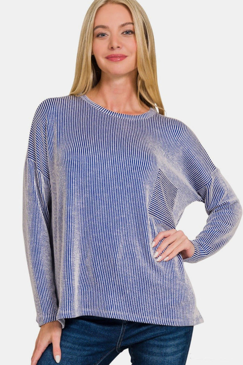 Zenana Ribbed Striped Long Sleeve T-Shirt - 7DAY'S