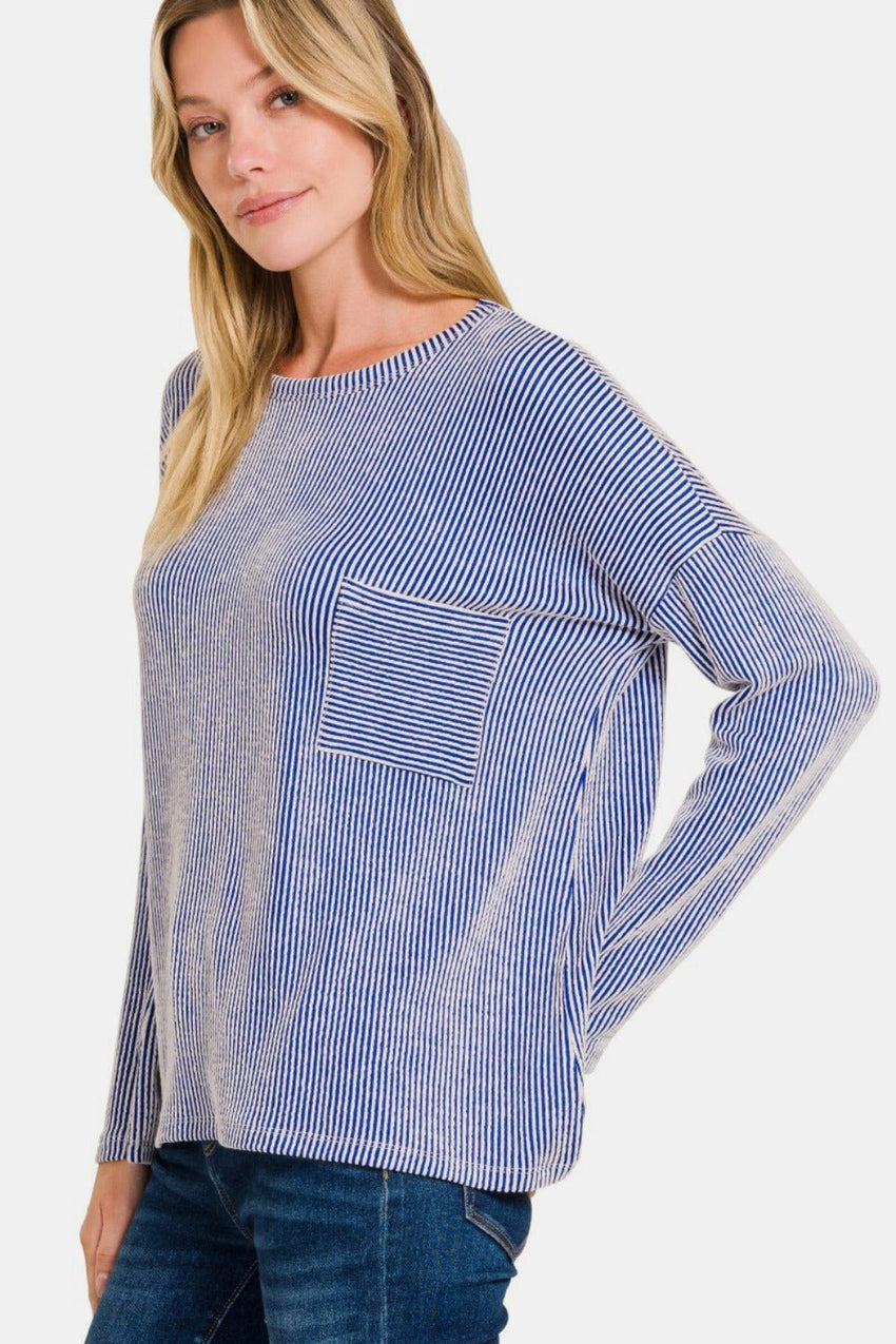 Zenana Ribbed Striped Long Sleeve T-Shirt - 7DAY'S